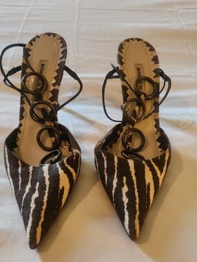Manolo Blahnik Brown & Cream Zebra-Print Pointed Lace-Up Heels